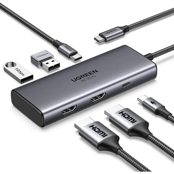CM498, UGREEN, HUB, USB-C hub Revodok 206, 2xHDMI, USB, Type-C, Grey.