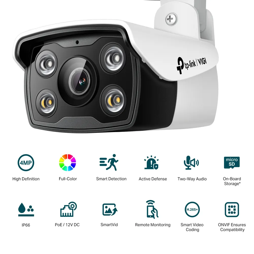 IP კამერა TP-Link VIGI C340 Full-Color Bullet Network Camera - Outdoor, 4MP, 2560 × 1440, 2.8mm Lens, 122° Diagonal Viewing Angle, Full-Color Night Vision, IR Cut Filter, RJ-45, IP66 Waterproof, PoE/12V DC, Two-Way Audio