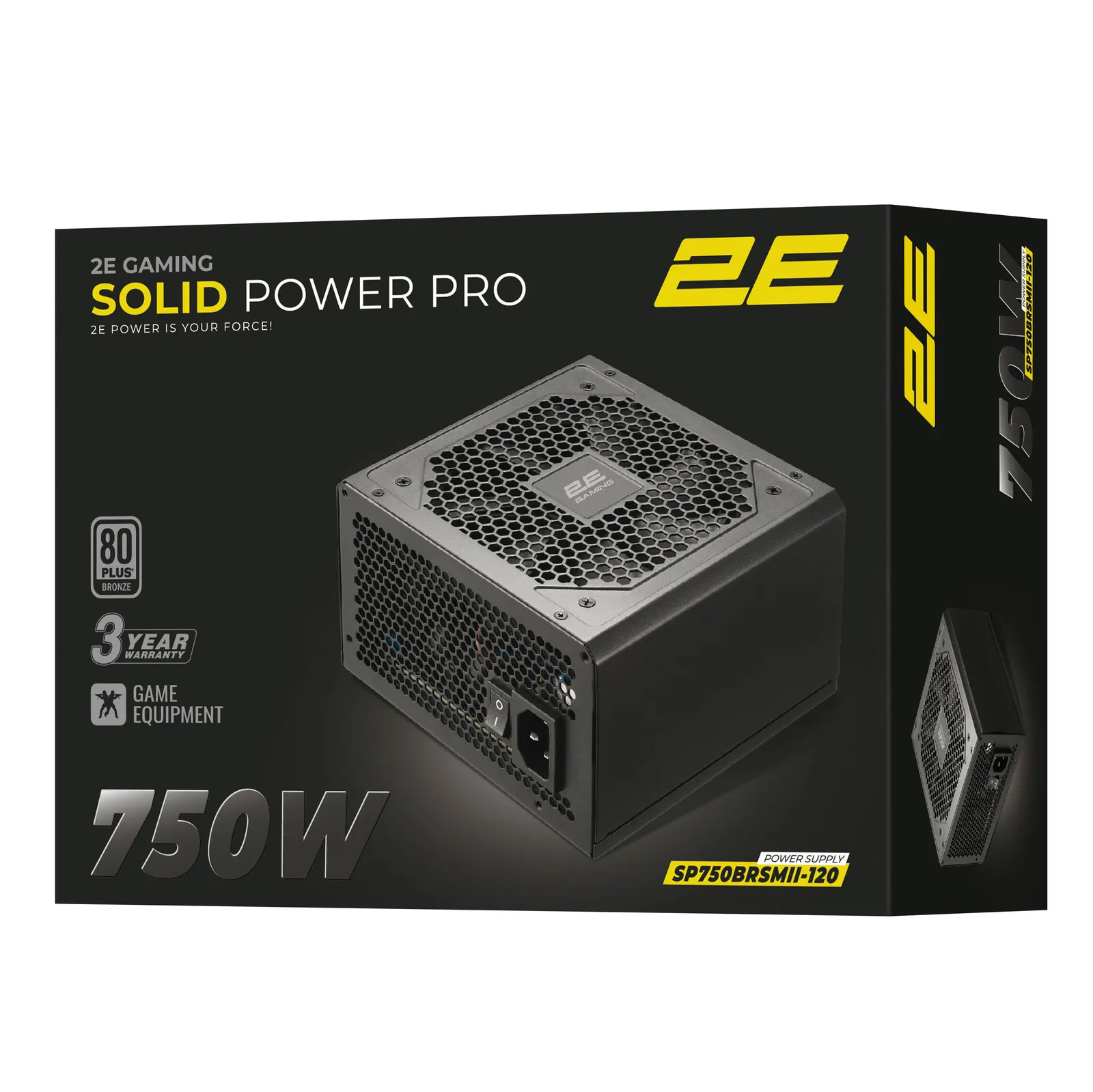2E GAMING PSU Solid Power Pro (750W), >85%, 80+ Bronze, 120mm, 1xMB 24pin(20+4), 2xCPU 8pin(4+4), 3xMolex, 6xSATA, 4xPCIe 8pin(6+2), 1x12VHPWR, Semi