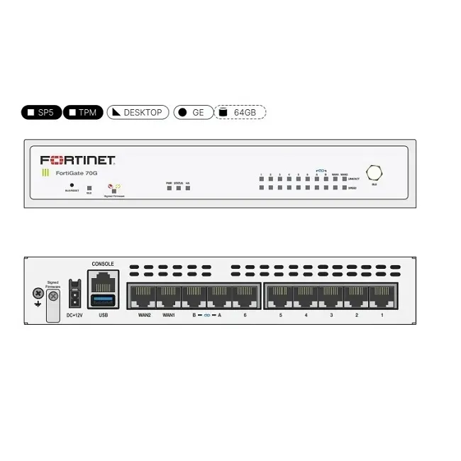 FortiGate-70G 10 x GE RJ45 ports (including 7 x Internal Ports, 2 x WAN Ports, 1 x DMZ Port).