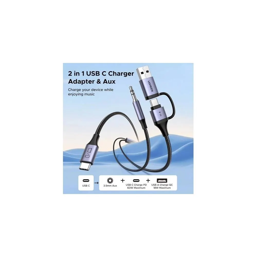 აუდიო ადაპტერი და დამტენი UGREEN CM772 (45009), 60W, 2-in-1 Audio Charger Adapter And AUX, 1.5m, Black/Grey