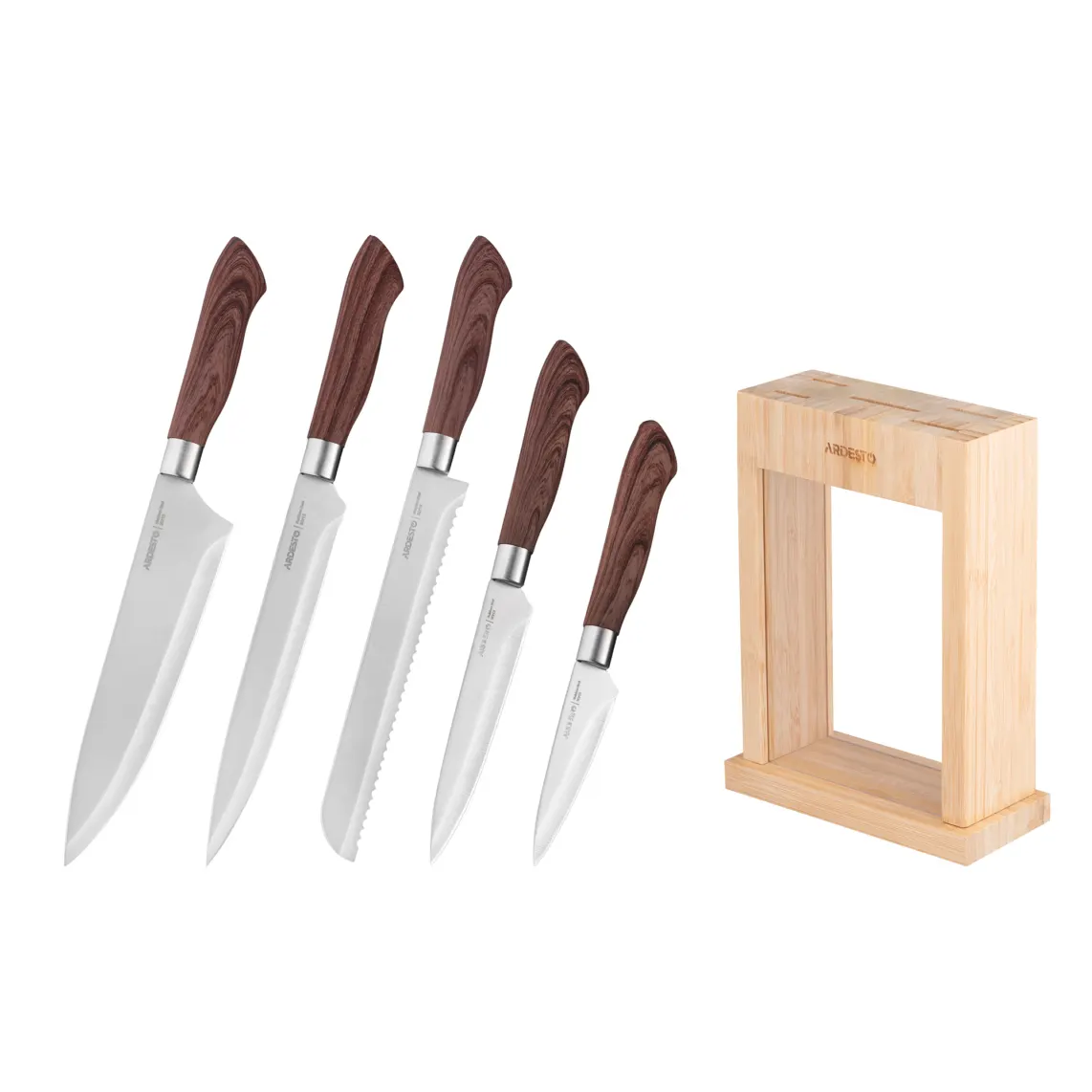 Ardesto Knives Set with block Midori, 6pcs, stainless steel, plastic, bamboo, brown