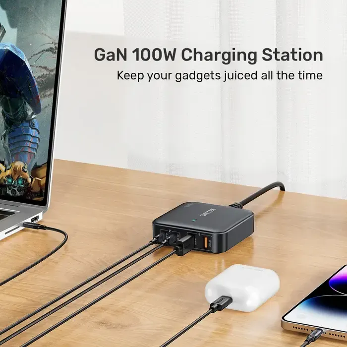 P1229ABK, UNITEK, Charger, 100W 4-in-1 Desktop GaN Charger (2*USB-C PD + 2*USB-A QC3.0), with 1.5M Power Cord, Black.