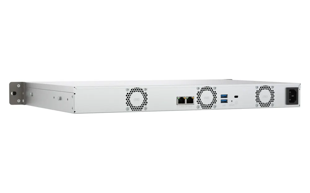 4-Bay quad-core 2.0 GHz short-depth 1U rackmount NAS with 100W power supply, 4GB RAM (not expandable), SATA 6Gb/s, 2 x 2.5 GbE LAN, Container Station