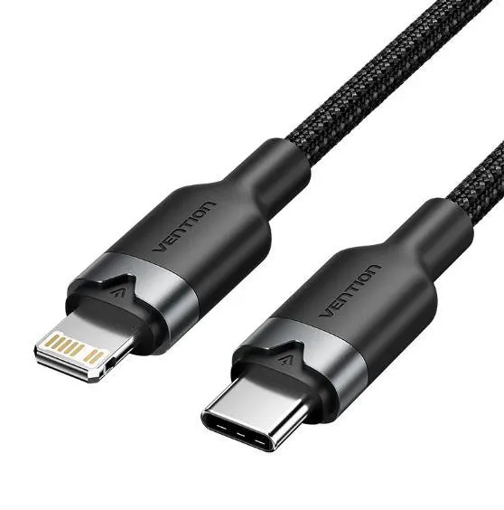 LALBF VENTION USB 2.0 Type-C Male to Lightning Male 3A Cable Black Aluminum Alloy Type 1M
