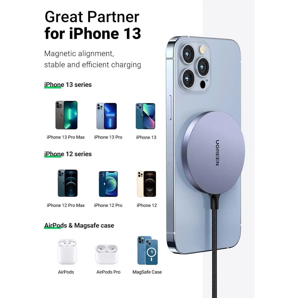 UGREEN CD245 (30233), MFI MagSafe 15W, Type-C to Magnetic Wireless Charger, Gray