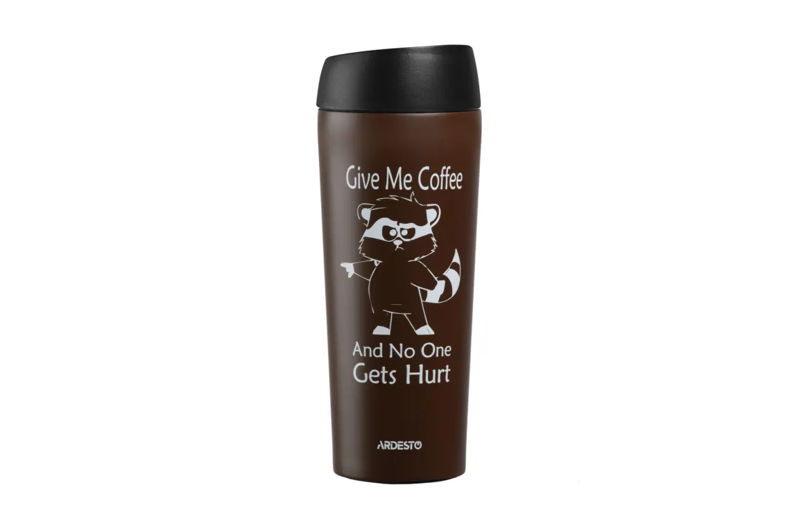 თერმოჭიქა Ardesto Travel mug Coffee time Raccoon 450 ml, brown, s/s