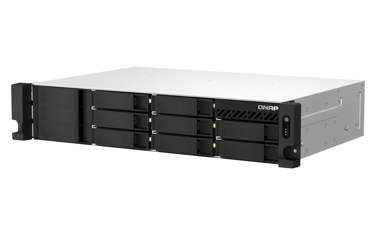 8-bay 2U short depth 12" rackmount NAS, Intel Celeron N5095 quad-core, 8 GB onboard not expandable, 8 x 3.5"/2.5" SATA 6Gb/s drive bays, 2 x 2.5GbE
