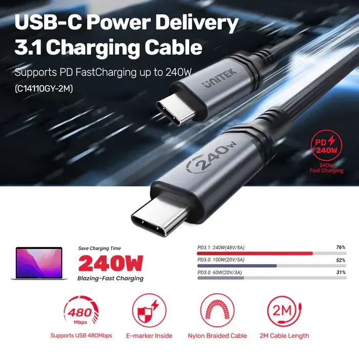 C14110GY-2M,UNITEK 2M, CM to CM Power Delivery 3.1 240W Charging Cable, Black