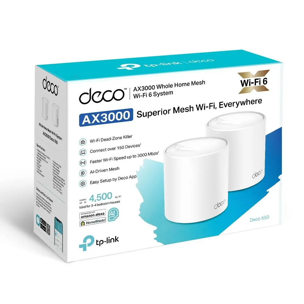 Mesh სისტემა TP-Link, Deco X50(2-pack), AX3000 Whole Home Mesh Wi-Fi 6 System