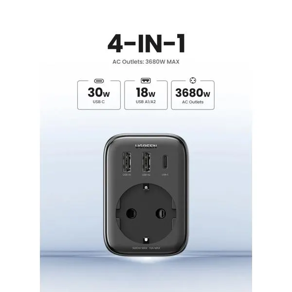 დამტენი CD314, UGREEN, Adapter, 30W, 1 Socket, USB-A, USB-C, Gray.