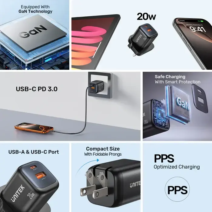 P1128A-EU, UNITEK, Power Supply, 20W 2-Port Wall GaN Charger.
