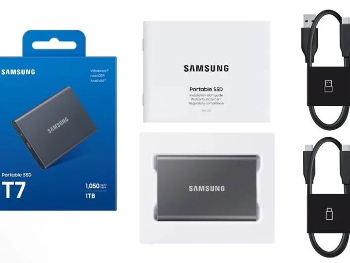 გარე მყარი დისკი T7, SAMSUNG, External SSD, 1TB, USB3.2, Read up to 1,050 MB/s Write up to 1,000 MB/s, Type-c c and Typec to A.