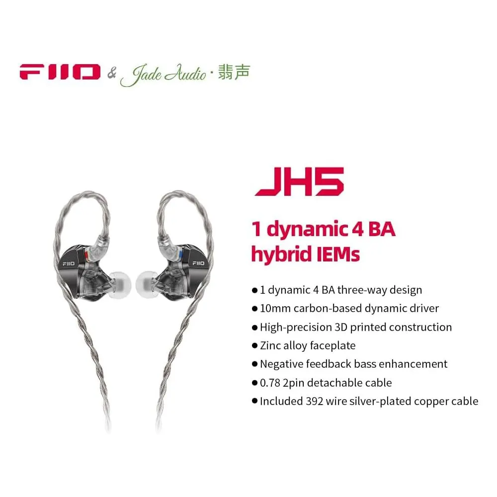 Headphones FiiO JH5 1DD 4BA Hybrid 5 Drivers HiFi in-Ear Earphone, Detachable 0.78mm 2 Pin Cable 3.5mm Plug for IOS/Android