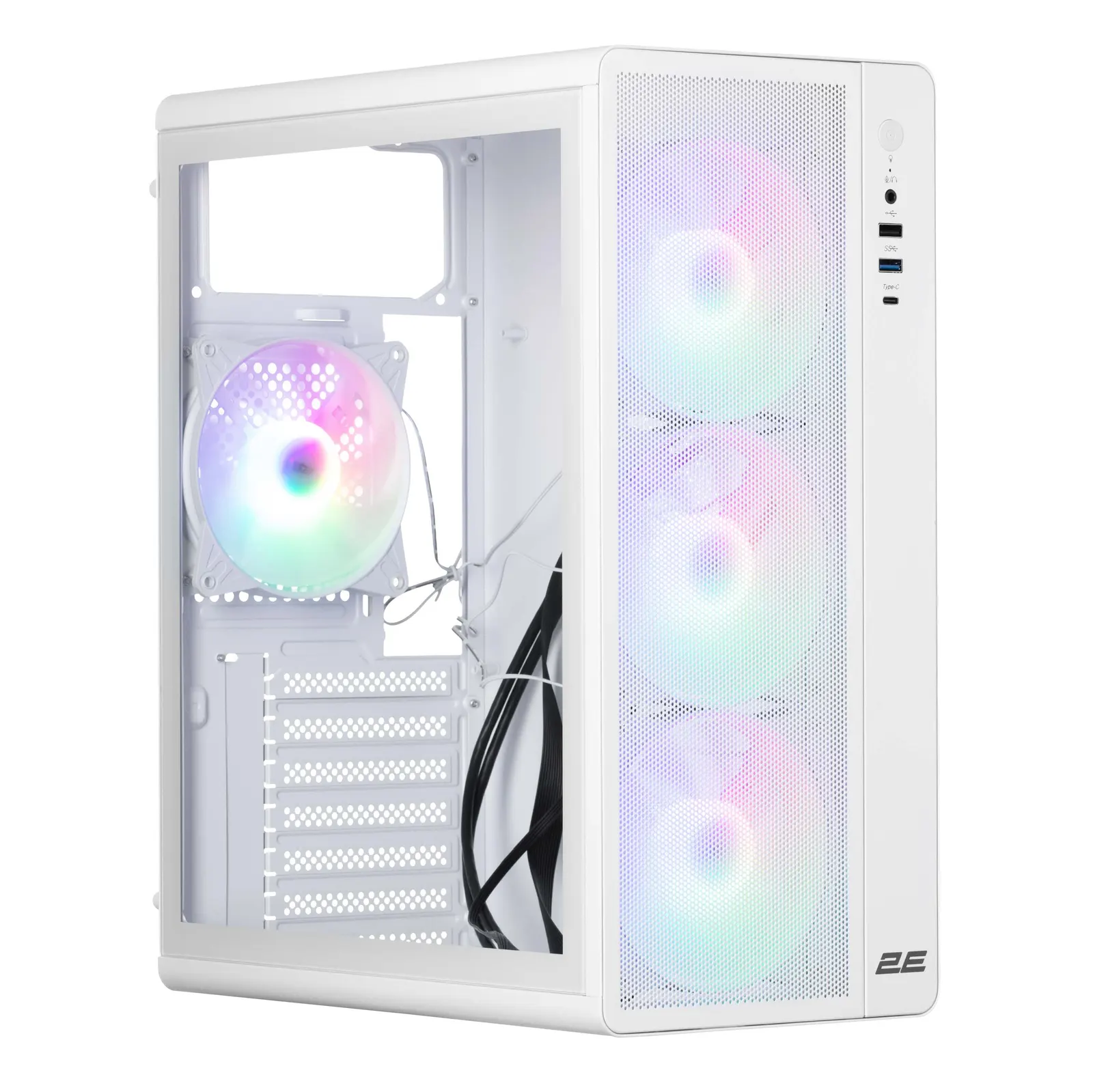 ქეისი PC case 2E GAMING Credo Plus V510W without PSU, 1xUSB3.0, 1x USB 2.0, 1xUSB Type-C, 4x120mm RGB Rainbow, VGA 310mm, TG Side Panel, ATX, white