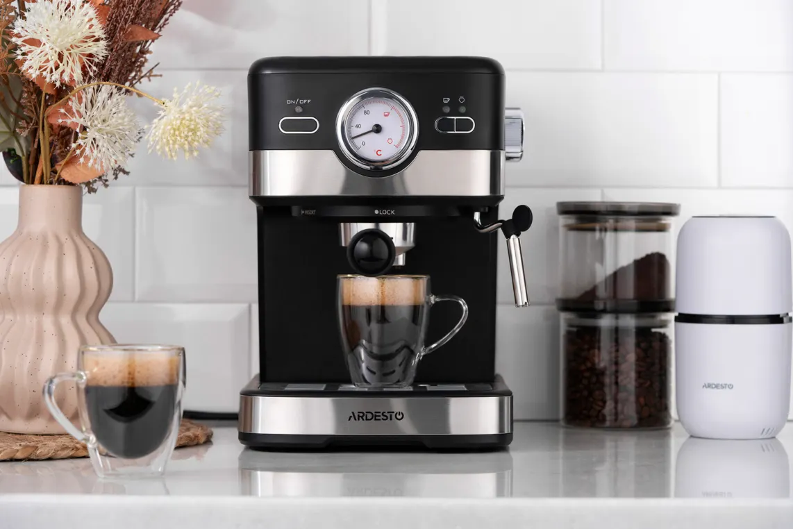 ყავის აპარატი Ardesto coffee maker carob 1.5l, ground, hand capuchino maker, black-silver
