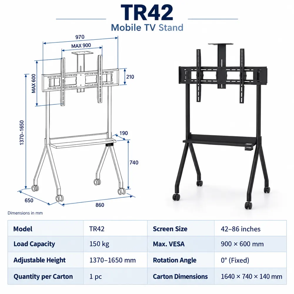AllScreen TR42, 42"-86", TV Mount With Roller, Black