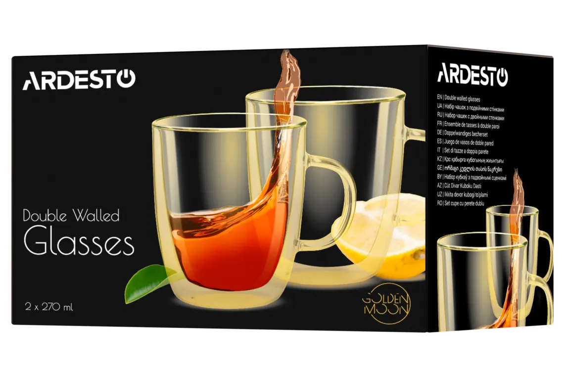 Ardesto Doublewall mug set with handles Golden Moon, 270ml, 2pcs, borosilicate glass, golden