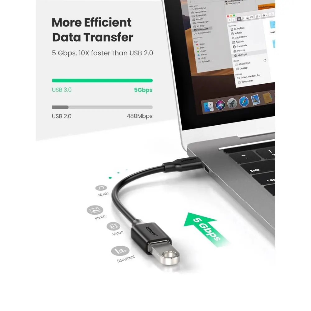 UGREEN US154 (30701), Type-C Male to USB 3.0 Female OTG Cable, 15cm, Black