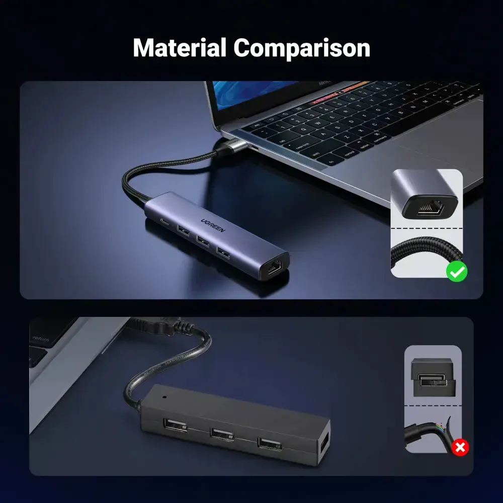 USB ჰაბი UGREEN CM475 (60554), USB, Type-C, LAN, HUB, Grey