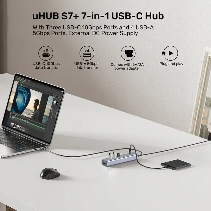 H1335A, UNITEK, USB HUB, 7-in-1 USB-C 10Gbps Hub (3*USB-C 10Gbps + 4*USB-A 5Gbps).