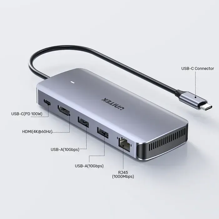 Type-C ჰაბი D1120A, UNITEK, USB HUB, 6-in-1 USB-C 10Gbps Hub.
