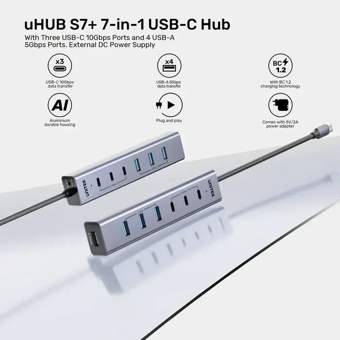 H1335A, UNITEK, USB HUB, 7-in-1 USB-C 10Gbps Hub (3*USB-C 10Gbps + 4*USB-A 5Gbps).