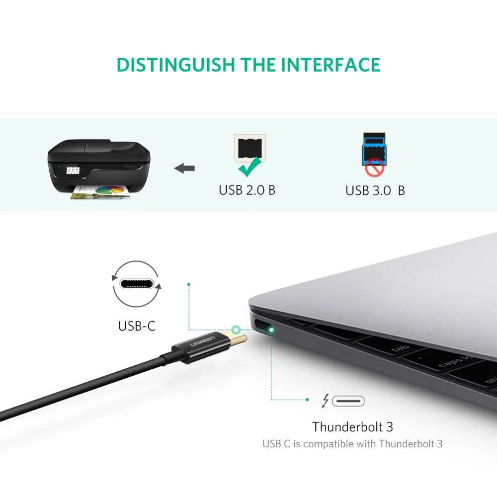 პრინტერის კაბელი UGREEN US241 (80811), Type-C To USB-B, 1m, Black