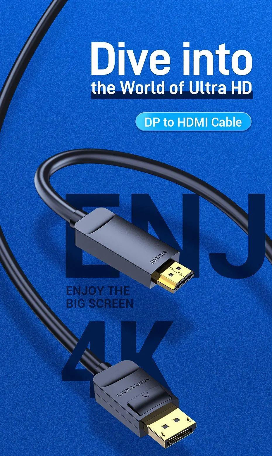 HAGBG, VENTION, Cable, 4K DisplayPort to HDMI Cable 1.5M Black (DP to HDMI).