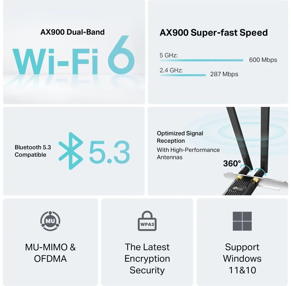 Wi-Fi ადაპტერი TP-Link, Archer TX10E, Adapter, AX900 Wi-Fi 6 Bluetooth PCle Adapter