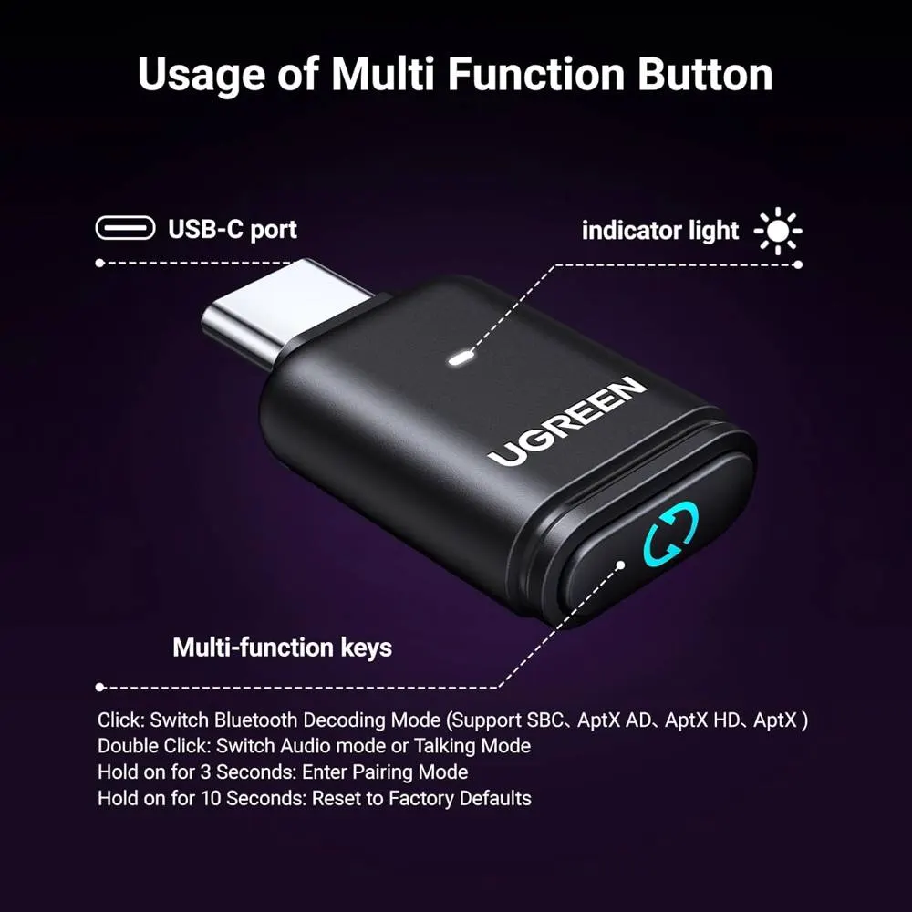Bluetooth ადაპტერი UGREEN BT501 (45008), Bluetooth Transmitter Audio Adapter fOR PS5, Black