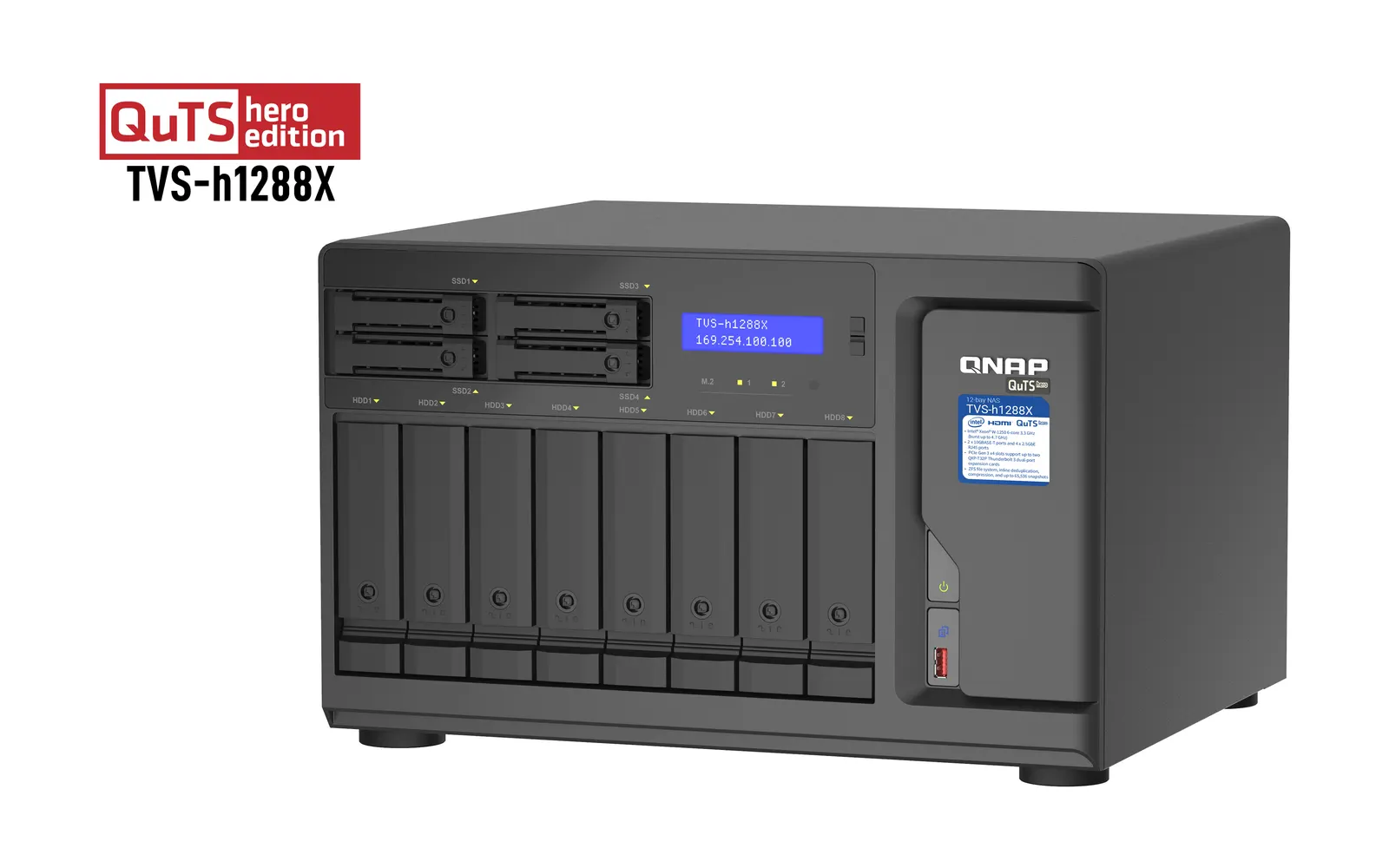 NAS სერვერი 12-Bay TurboNAS (8 x 3.5" HDD + 4 x 2.5" SSD), SATA 6G, Intel Xeon W-1250 6 cores 12 threads 3.3 GHz (boost up to 4.7 GHz), 16GB DDR4 ECC RAM (max. 128GB), 4 x 2.5GbE, 2 x 10GBASE-T 10GbE