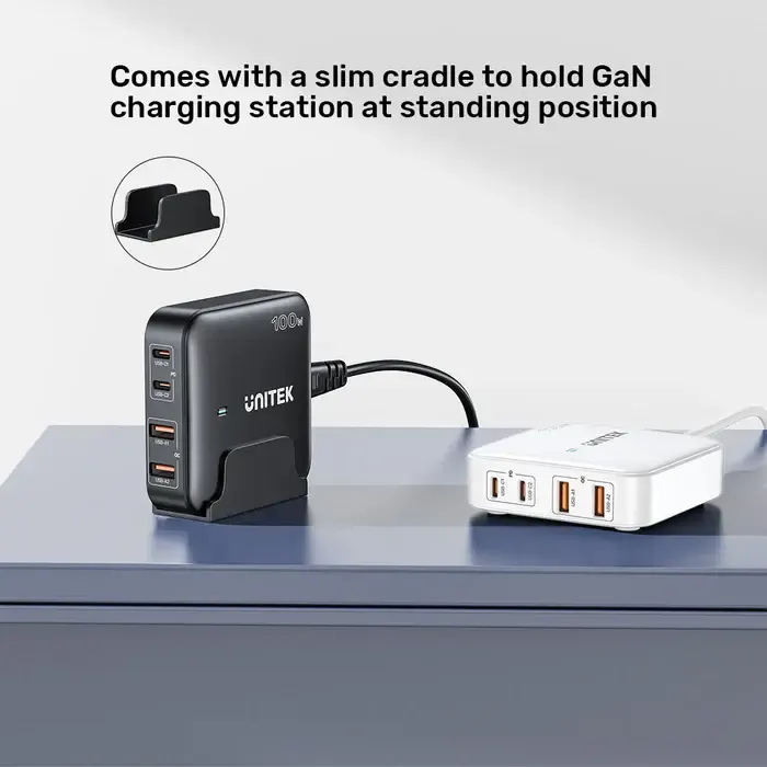 P1229ABK, UNITEK, Charger, 100W 4-in-1 Desktop GaN Charger (2*USB-C PD + 2*USB-A QC3.0), with 1.5M Power Cord, Black.