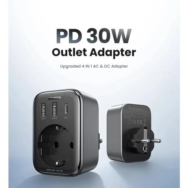 დამტენი CD314, UGREEN, Adapter, 30W, 1 Socket, USB-A, USB-C, Gray.