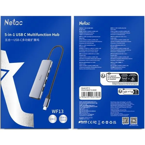 WF13, NETAC, USB Adapter, Type-C to USB3.0+USB2.0*2+100W PD+HDMI.