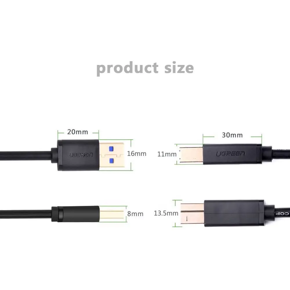 პრინტერის კაბელი UGREEN US210 (10372), Printer Cable, USB-B to USB-A Print Cable, 2m, Black