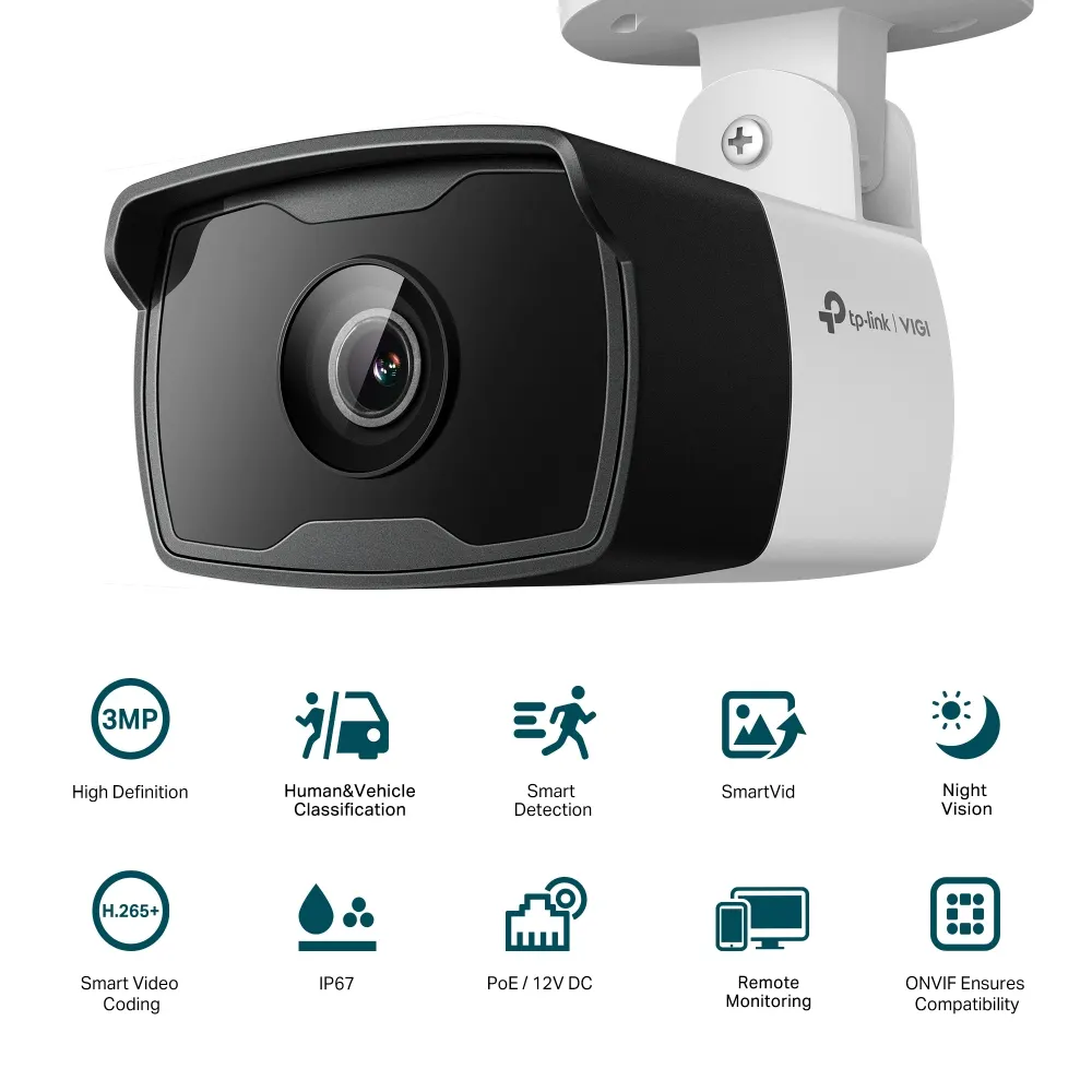 TP-Link VIGI C330I IR Bullet Network Camera - Outdoor, 3MP, 2304 × 1296, 2.8mm Lens, 117.9° Diagonal Viewing Angle, IR Cut Filter, RJ-45, IP67