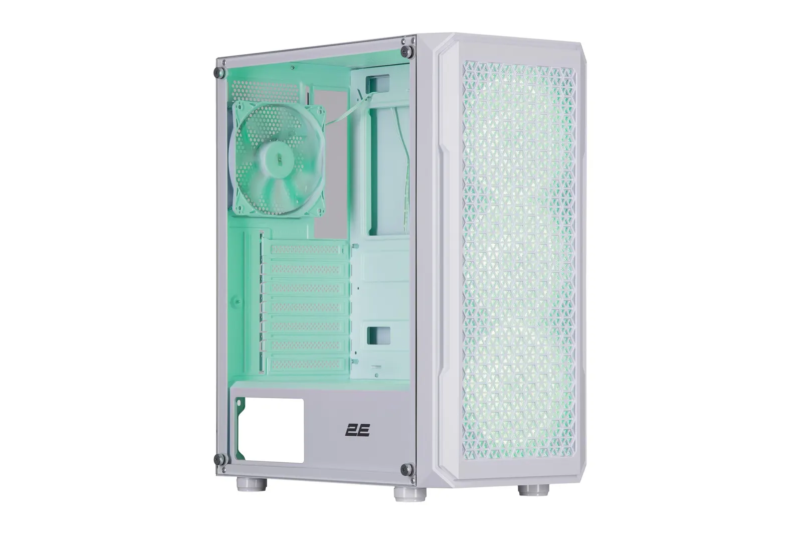 ქეისი 2E Gaming Computer case Hexagon G338W, without PSU, 2xUSB 3.0, 1xUSB Type-C, 1x120mm, 3x120mm ARGB, TG Side Panel, ATX, White