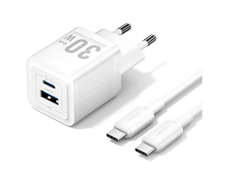 დამტენი Vention TZ-FEQW0-EU-01 2-Port USB/USB-C GaN Charger (30W/30W) with USB-C Cable (1m) EU-Plug White