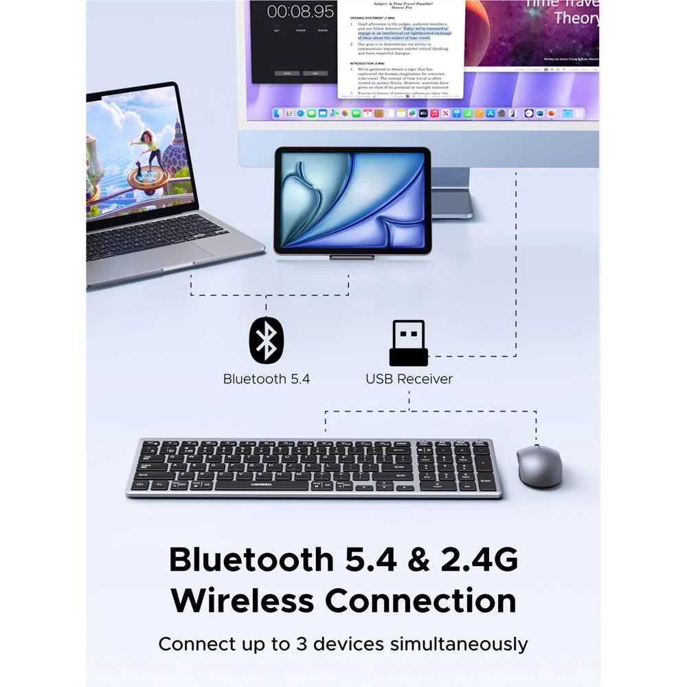 Keyboard and mouse combo UGREEN MK552 (85513), Wireless, USB, Bluetooth, Keyboard And Mouse, Grey