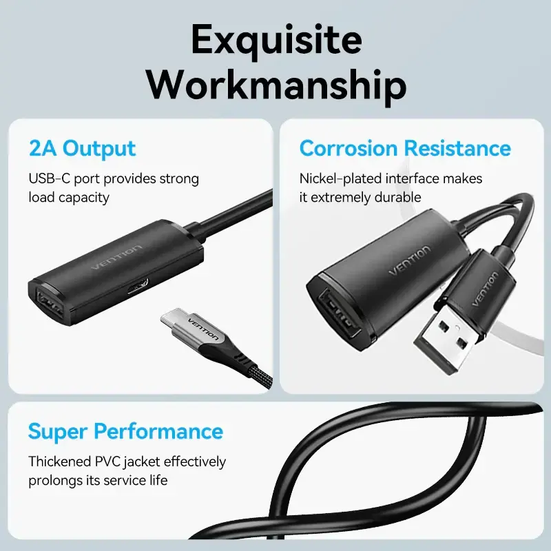 USB დამაგრძელებელი VENTION, CBKBN, USB 2.0 Type-A Male to Type-A Female Active Extension Cable 15M Black.