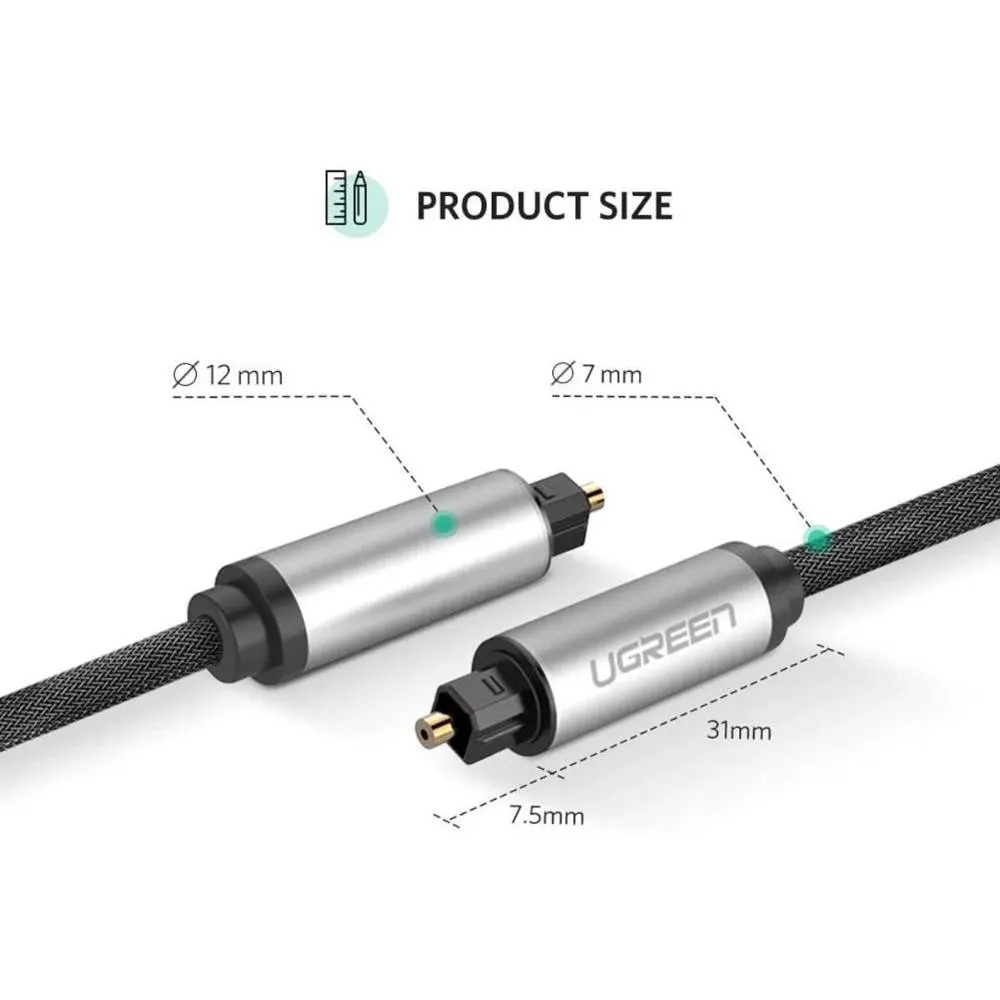 ოპტიკური აუდიო კაბელი UGREEN AV108 (10540), Toslink Optical Audio Cable, 2m, Black/Silver