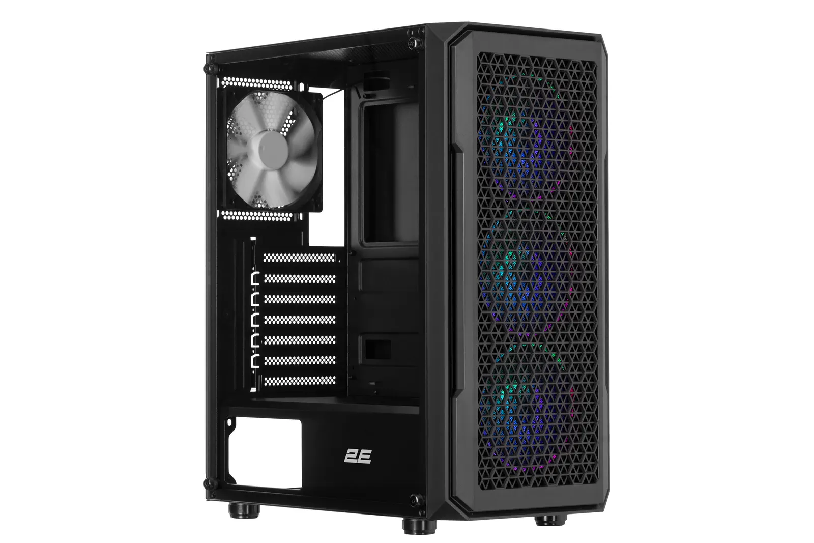 ქეისი 2E GAMING Computer case HEXAGON (G338) MidT,2xUSB2.0,1xUSB3.0, 1x120+3x120ARGB ,TG (side panel),without PSU,black