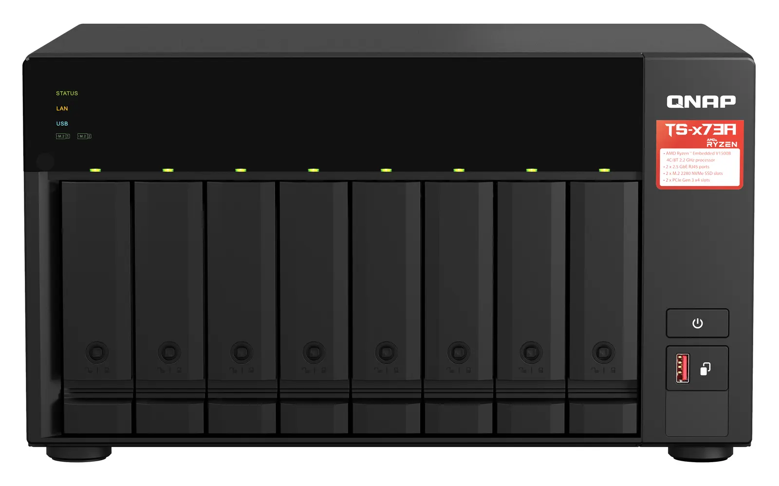 8-bay NAS, AMD Ryzen V1000 series V1500B 4C/8T 2.2GHz, 8GB DDR4 RAM (2 x SODIMM slots, max. 64GB, optional ECC RAM support), 8x SATA 6Gb/s bays, 2x M.