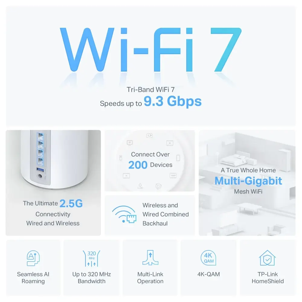 TP-LINK, Deco BE65(1-pack), BE9300 Whole Home Mesh WiFi 7 System