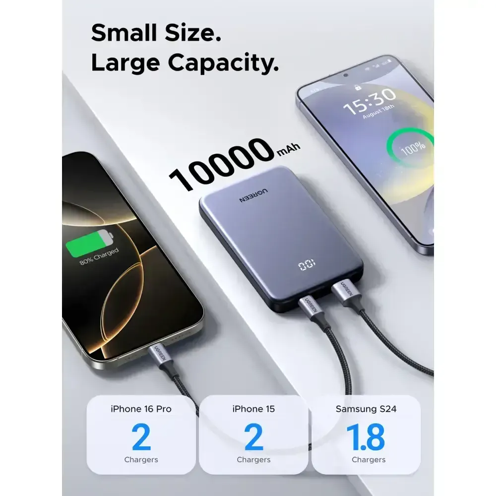 პორტატული დამტენი UGREEN PB507 (75131B) Zapix Series, 10000mAh, Type-C, USB, Fast Charging Power Bank, Space Gray