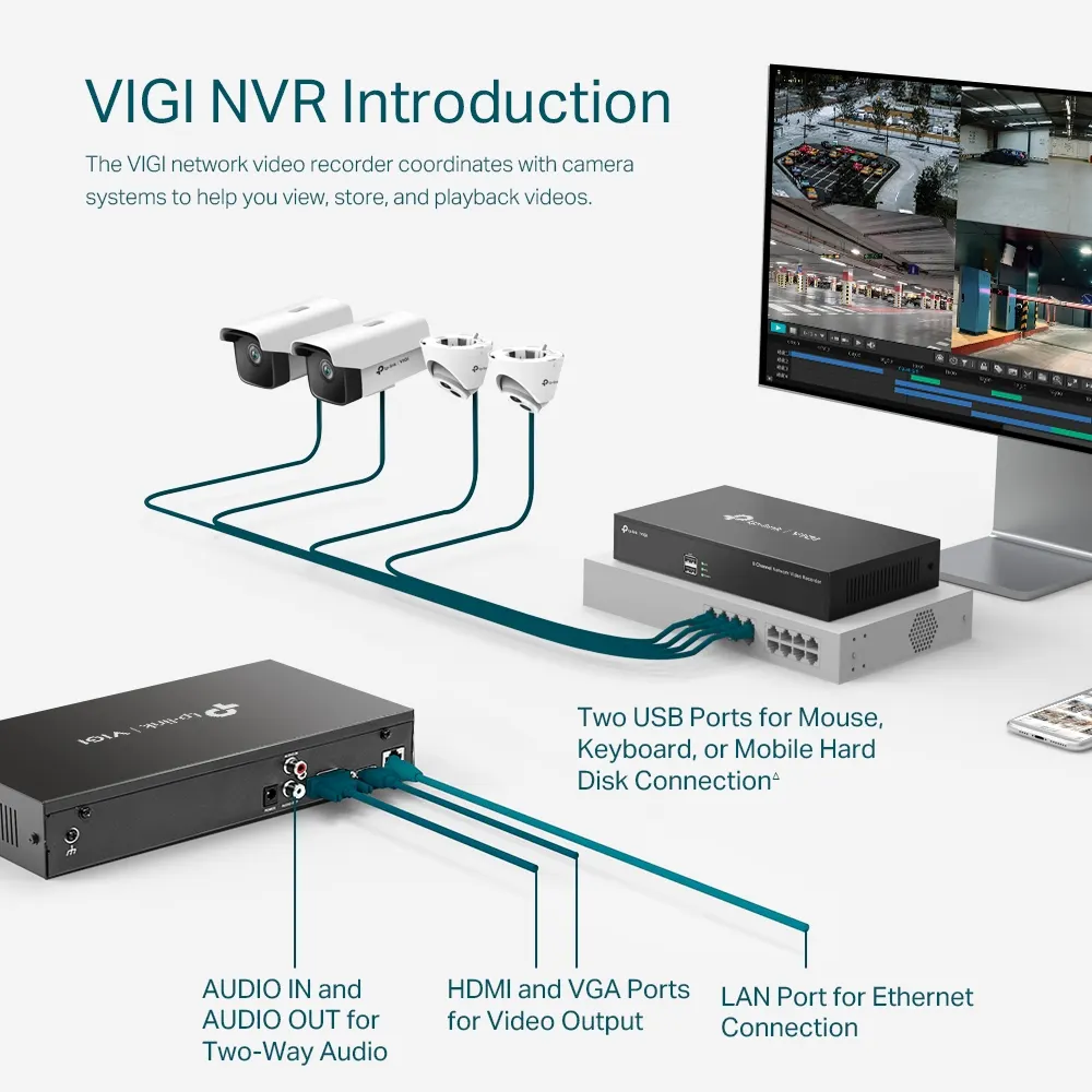 TP-Link VIGI 8 Video Recorder - 8-Channel IP Video Input, Incoming Bandwidth: 80 Mbps, Outgoing Bandwidth: 60 Mbp, 1 SATA slot up to 10TB, Decoding