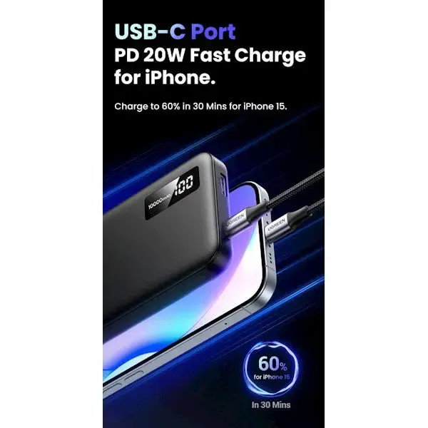 UGREEN, 25742, Power Bank, 10000mAh, USB-C, USB, Two-way Power Bank, Blac