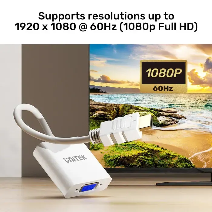 Y-6333C01, UNITEK, HDMI to VGA Adapter, Without Audio, Without Power Port, White