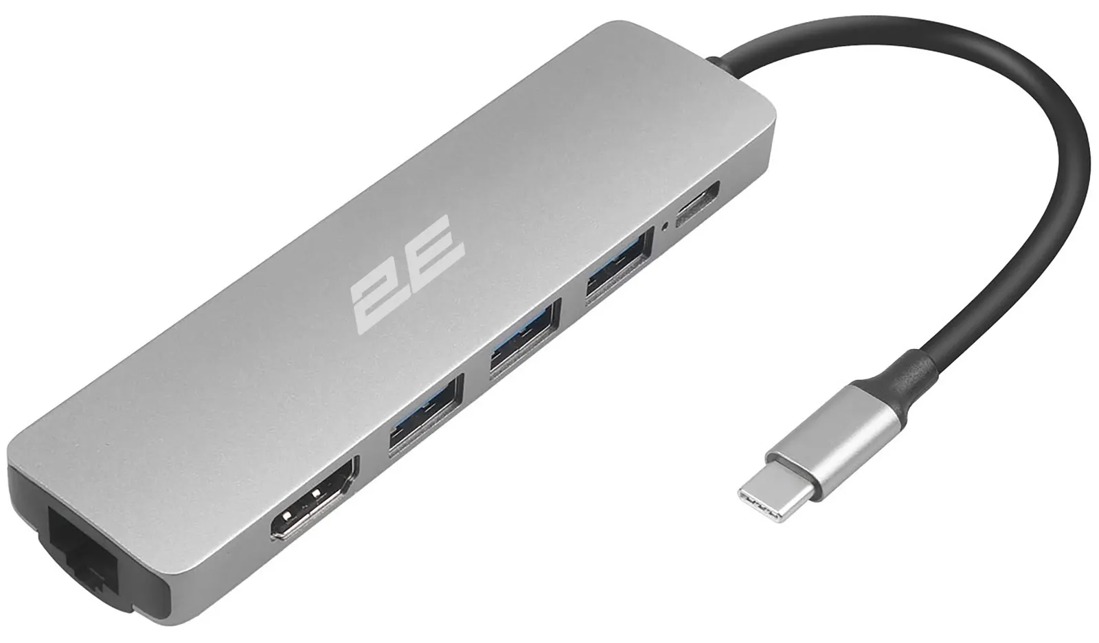 Type-C ჰაბი 2E Hub USB-C > 2xUSB-A 2.0/USB-A 3.0/USB-C PD/HDMI/Ethernet, 0.15m, silver